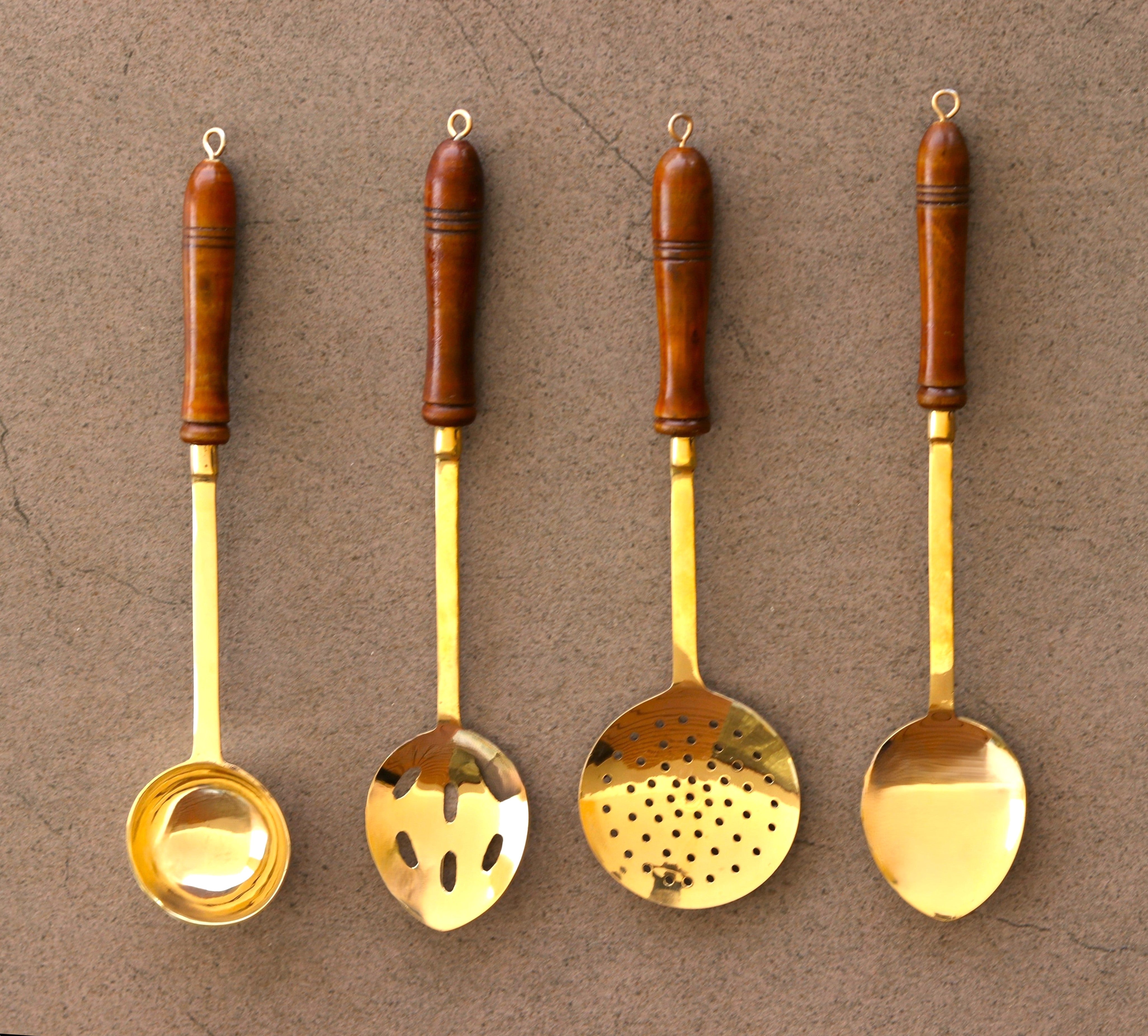 Brass Ladles Set of 4 with Wooden Handles – Indian Bartan